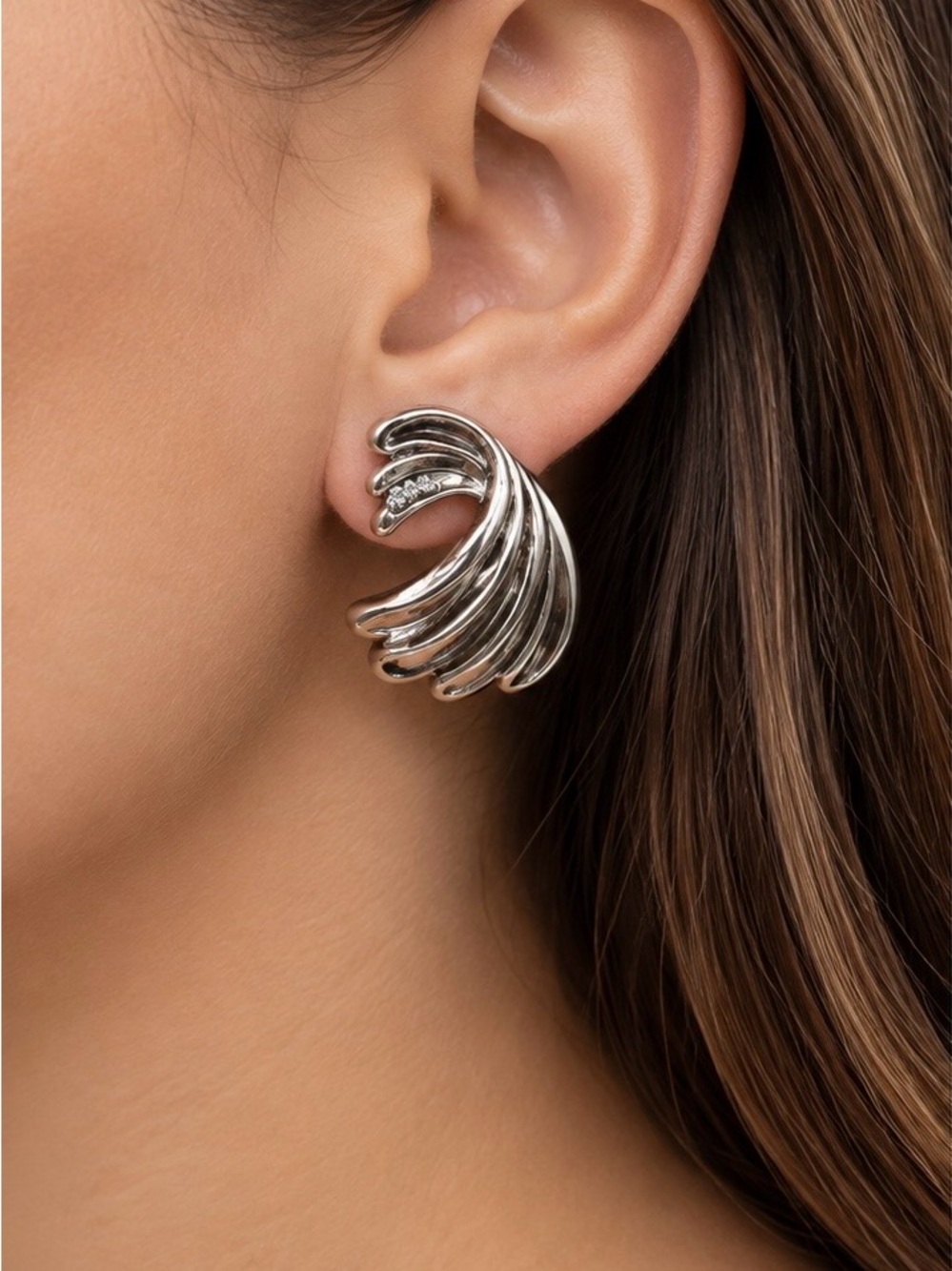Silver Curved Wave Earrings